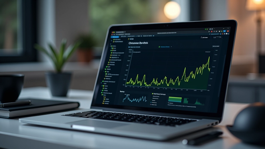 Notebook s otevřeným DevTools oknem, graf výkonu a Chrome performance panelu, monitor s analytickými daty, pracovní stůl