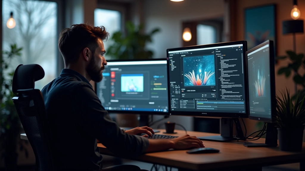 Moderní studio s animacemi na obrazovkách a designérem pracujícím na mikro-interakcích