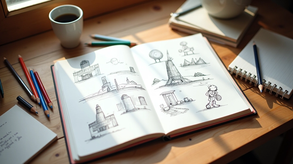 Sketchbook s nákresy animačních storyboardů a barevnými tužkami